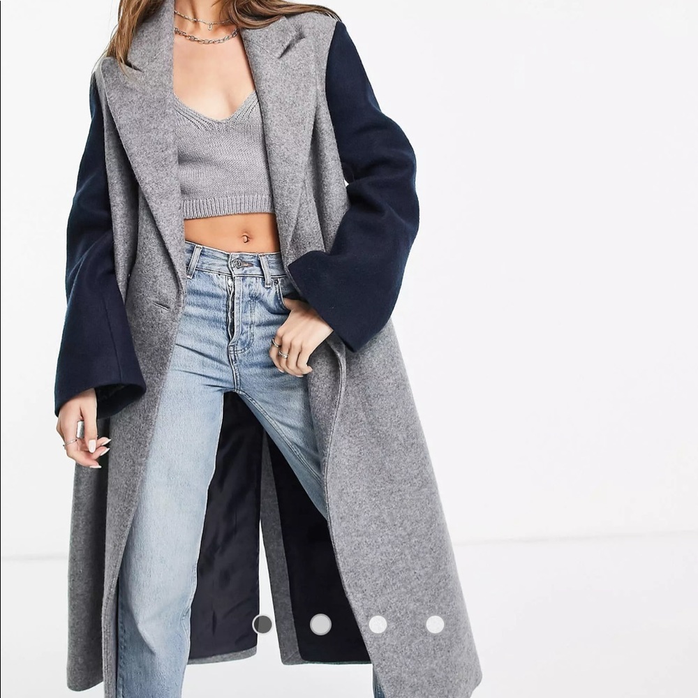 ASOS DESIGN varsity dad coat in gray with contrast sleeves